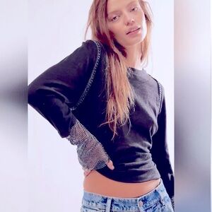 Free People rhinestone long sleeve crew neck tee chain trim shoulder black.